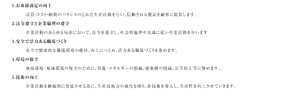
1.お客様満足の向上\n
品質・コスト・納期のバランスのとれた生産活動を行い、信頼される製品を顧客に提供します。\n
2.法令遵守と企業倫理の遵守\n
企業活動のあらゆる局面において、法令を遵守し、社会的倫理や良識に従い企業活動を行います。\n
3.安全で活力ある職場づくり\n
安全で健康的な職場環境の維持、向上につとめ、活力ある職場づくりを進めます。\n
4.環境の保全\n
地球環境･地域環境の保全のために、資源･エネルギーの削減、廃棄物の削減、公害防止等に努めます。\n
5.技術の向上\n
企業活動を継続的に発展させる為に、生産技術力の強化を図り、新技術を導入し、生産性を向上させていきます。\n
